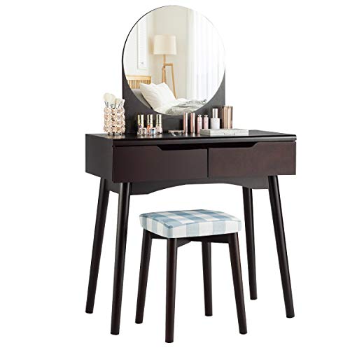 CHARMAID Vanity Set with Round Mirror and 2 Organized Sliding Drawers Makeup Dressing Table with Thick Cushioned Stool Tilting Preventing Device Bedroom Makeup Vanity Set Brown